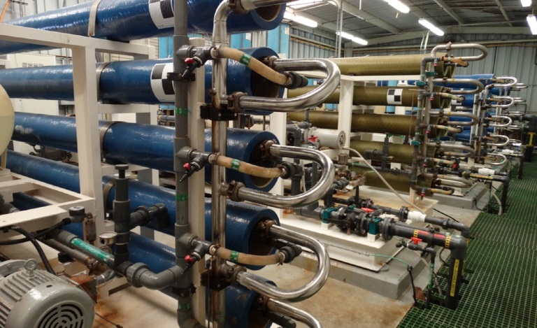 On Catalina Island, a desalination machine pushes saltwater through a membrane that traps the salt and lets freshwater through, a process called reverse osmosis. (Courtesy Southern California Edison)